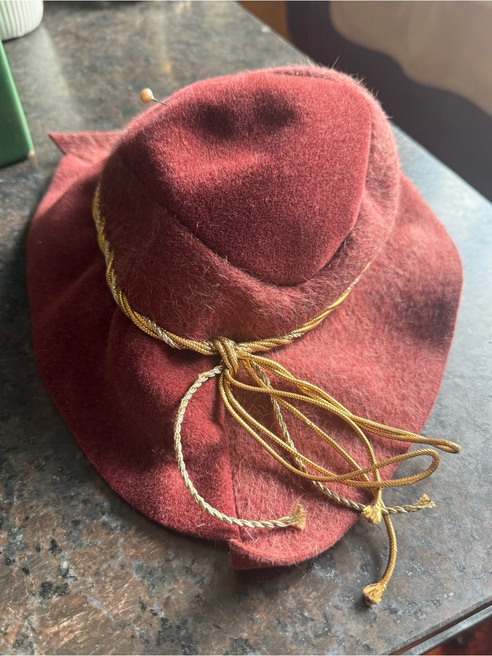 Vintage Alice May Fifth Ave New York Milgrim Burgundy Wool Felt Hat Gold Trim